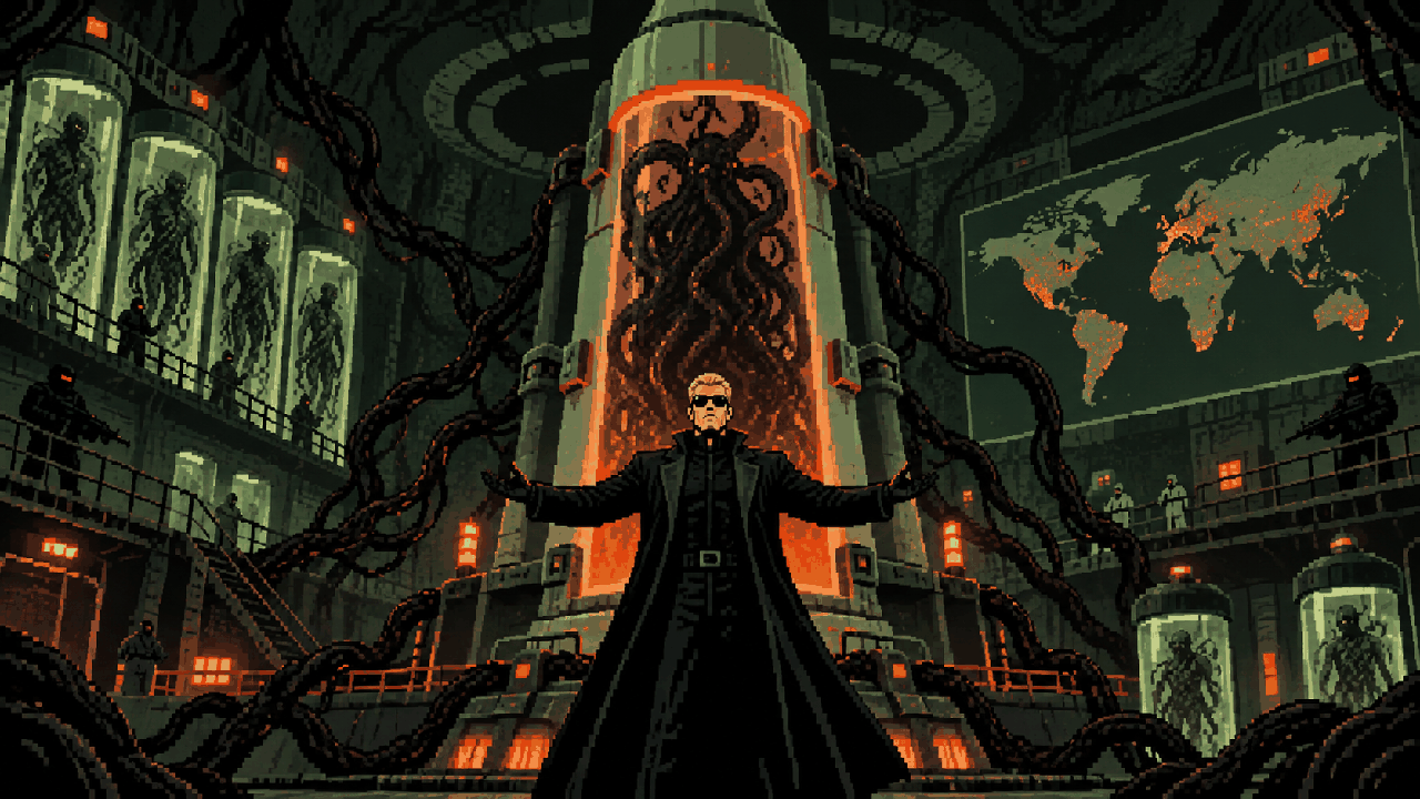 Wesker diante de cápsula gigante com Uroboros em laboratório apocalíptico em pixel art
