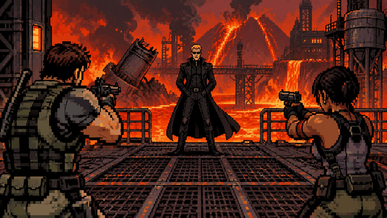 Chris e Sheva confrontando Wesker em plataforma vulcânica em pixel art