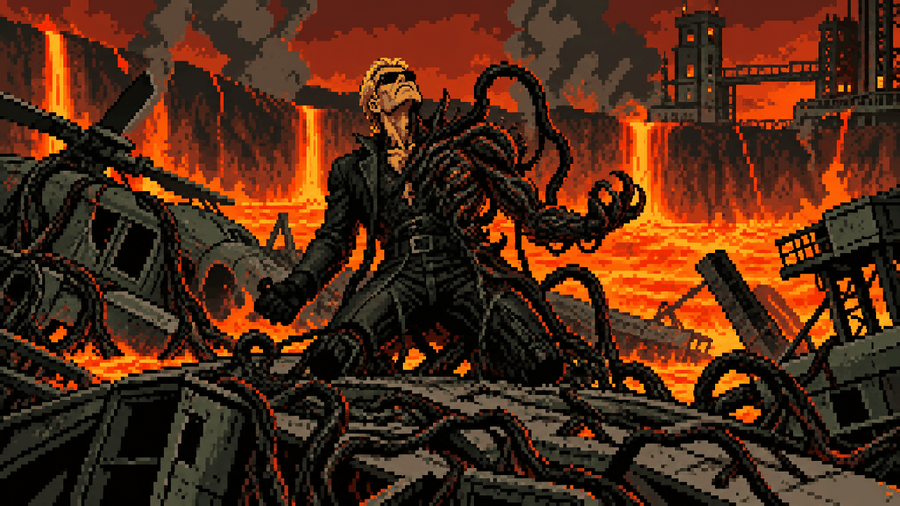 Wesker consumido por vírus em cenário vulcânico com destroços em pixel art