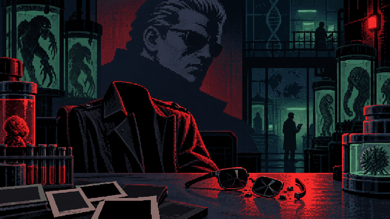 Óculos quebrados e sombra de Wesker em arquivo de laboratório em pixel art