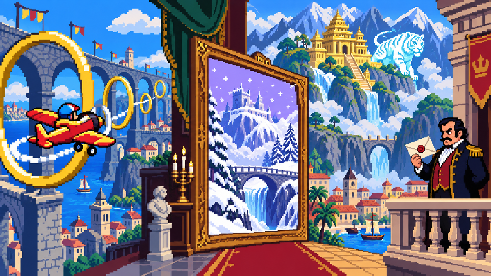Avião pequeno atravessa arcos, pintura nevada, templo mítico e político com carta em pixel art retrô