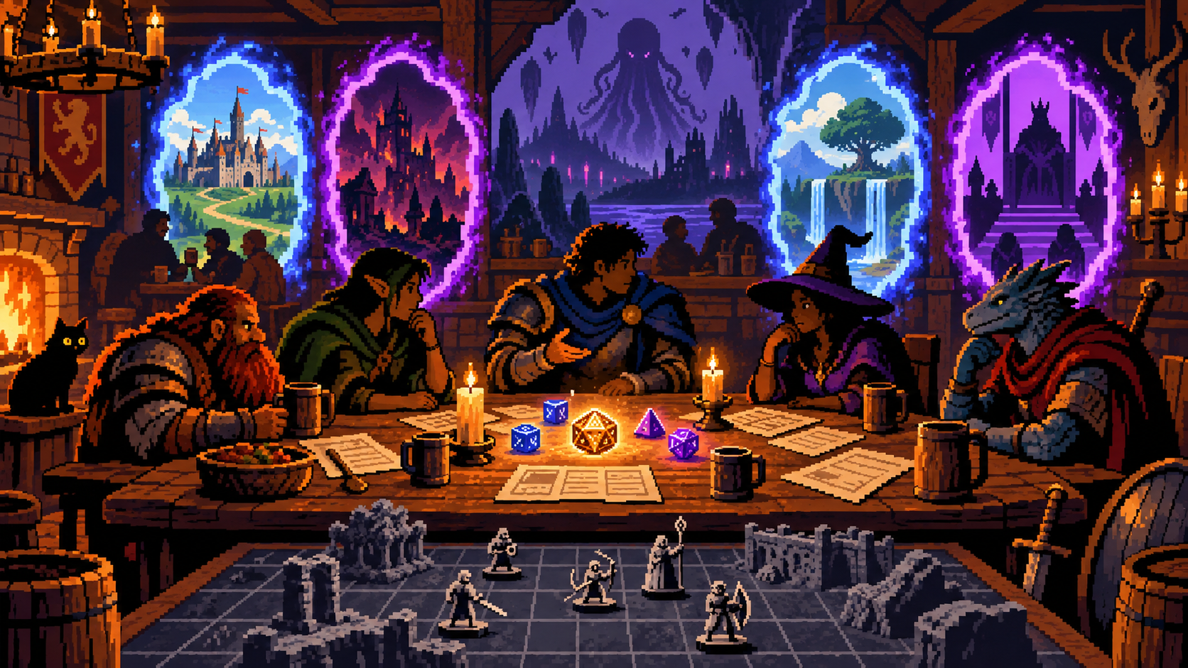 Grupo de aventureiros em mesa de taverna com dados, portais e tabuleiro tático em pixel art retrô
