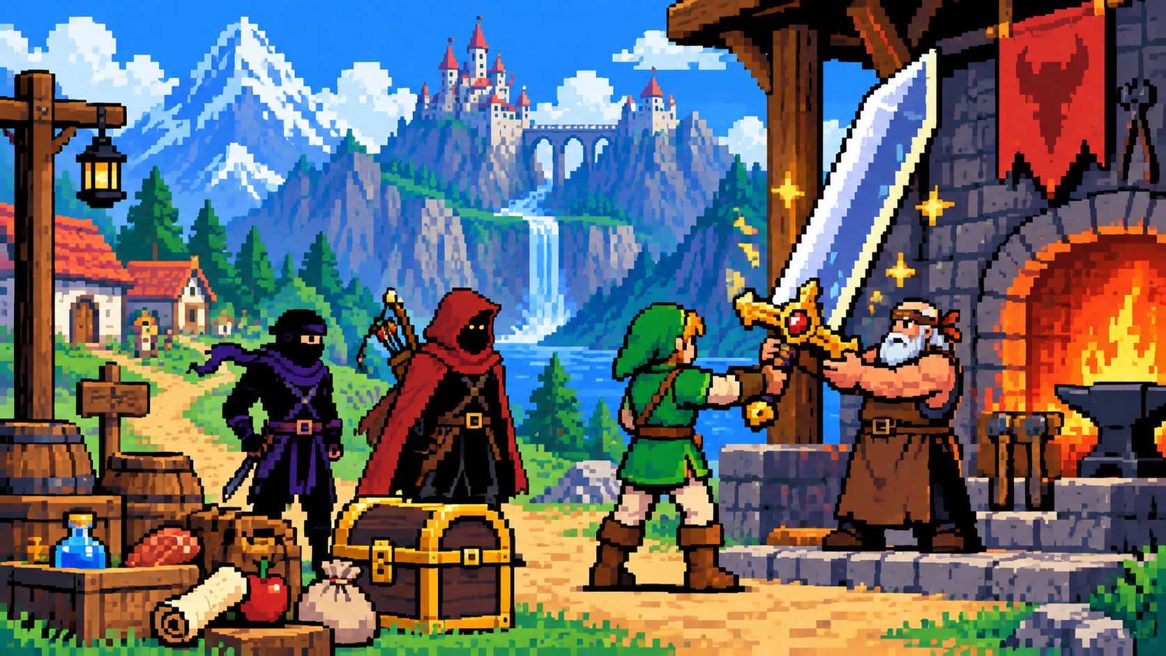 Herói recebe espada gigante enquanto companheiros opcionais aparecem ao lado em pixel art retrô