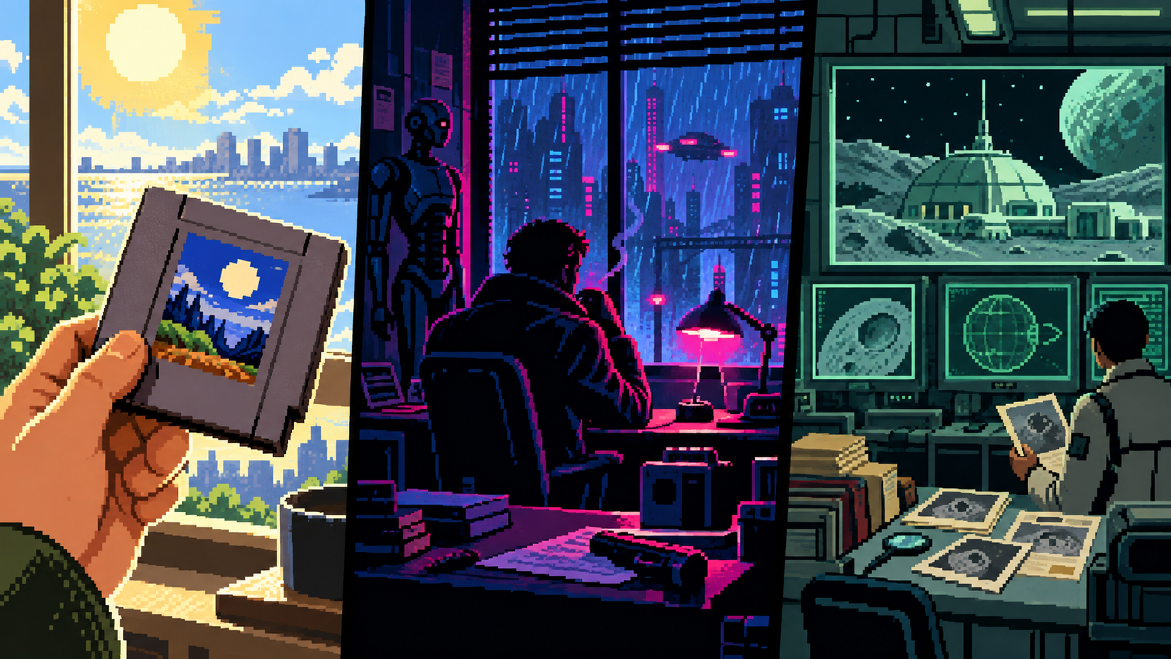Cartucho portátil sob o sol, escritório cyberpunk e base espacial de investigação em pixel art retrô