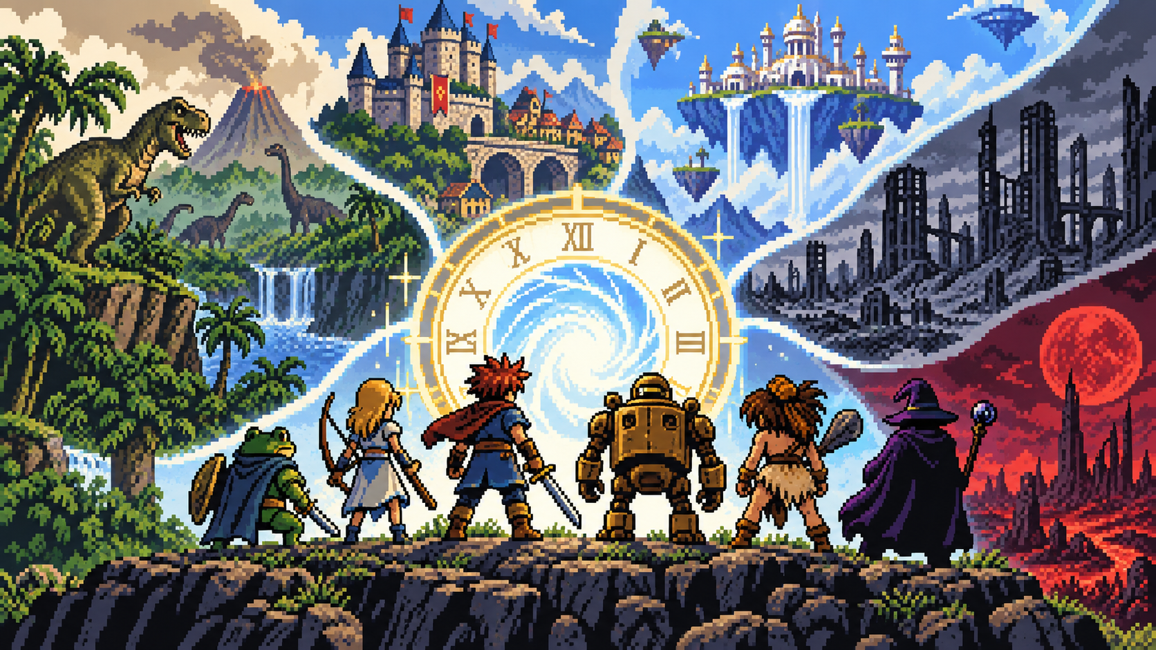 Grupo de aventureiros diante de portal de relógio com eras diferentes ao redor em pixel art retrô