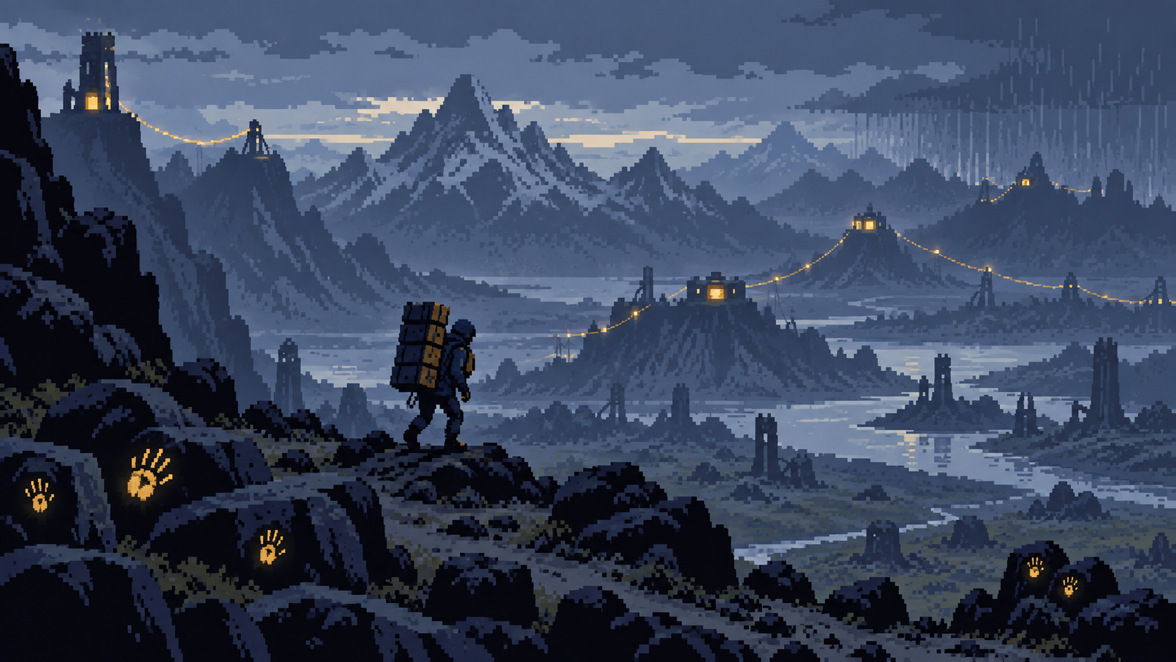 Entregador solitário atravessando montanhas vazias com cabos de luz entre abrigos em pixel art retrô