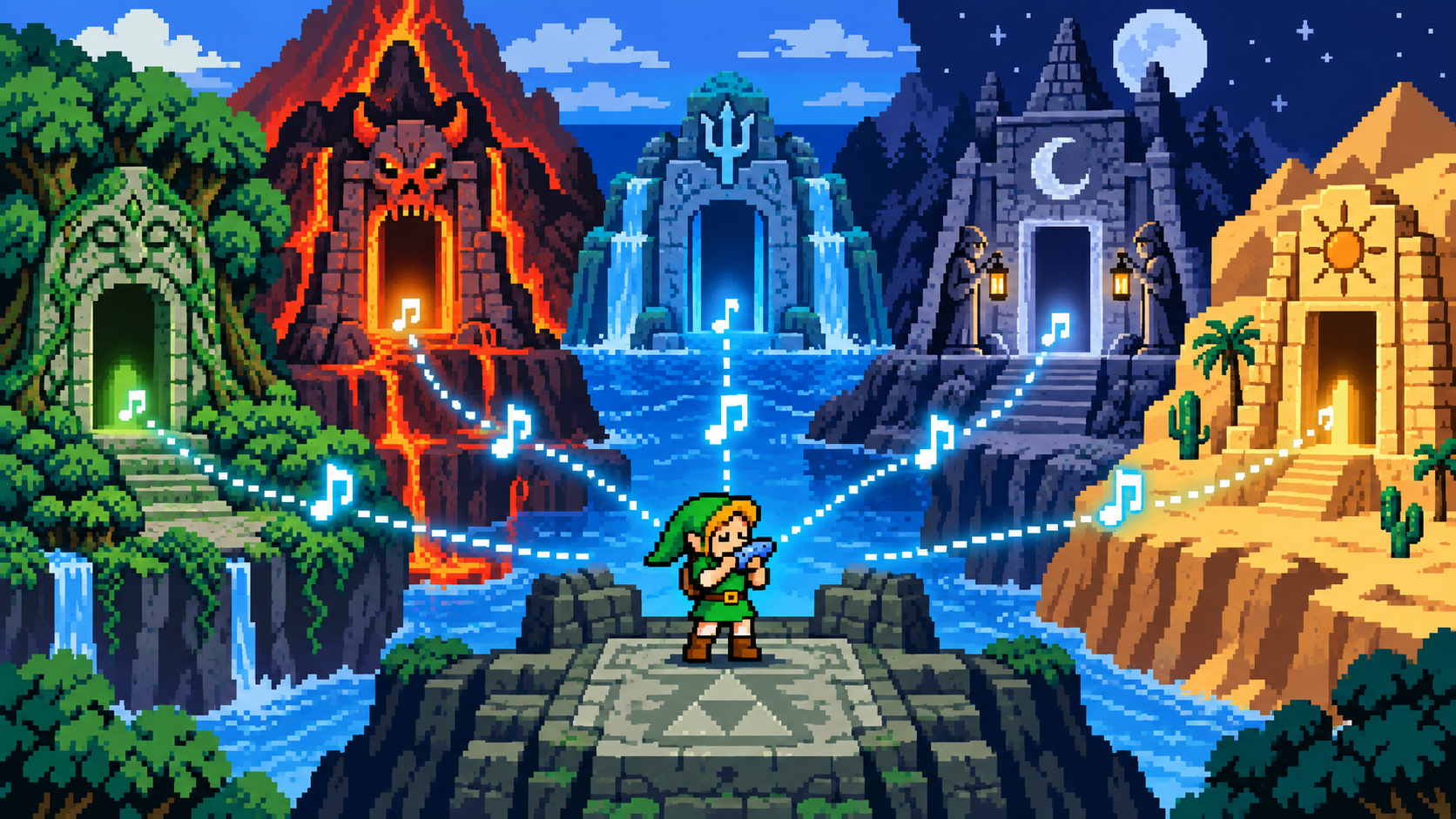 Herói tocando ocarina diante de templos de floresta, fogo, água, noite e deserto em pixel art retrô