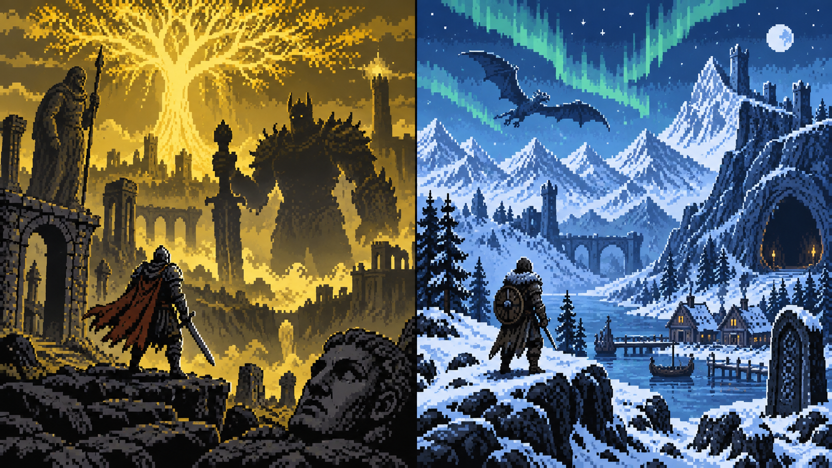 Ruínas douradas com guerreiro e montanhas nevadas com dragão em pixel art retrô