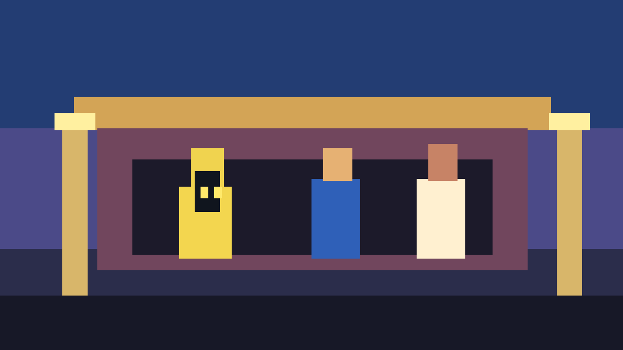 Palco teatral com personagens de fantasia e luz suave representando o final de FF9 em pixel art retrô