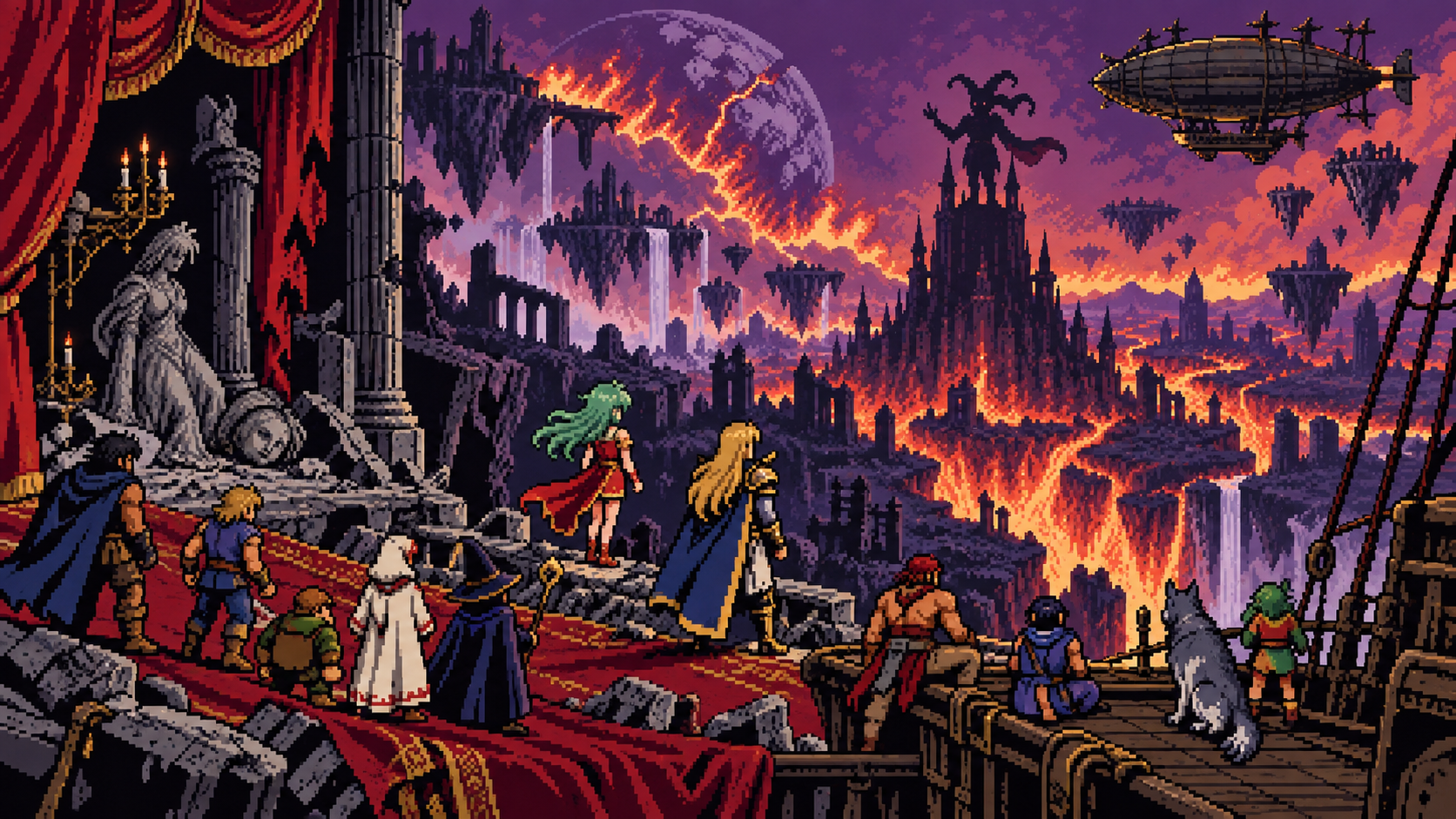 Grande elenco de heróis diante de mundo quebrado, palco em ruínas e nave aérea em pixel art retrô