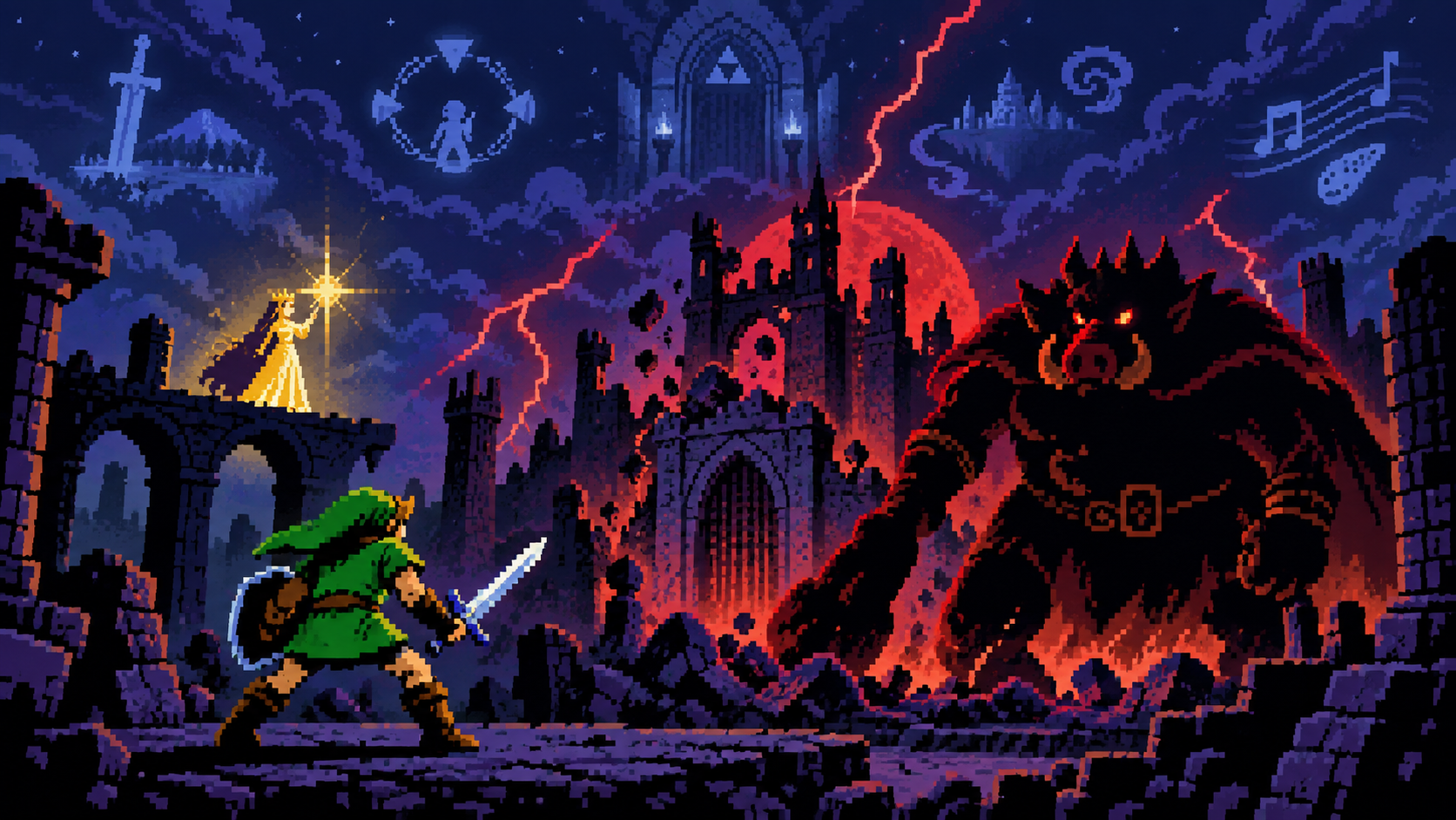 Herói enfrentando monstro gigante diante de castelo em ruínas e símbolos de legado em pixel art retrô