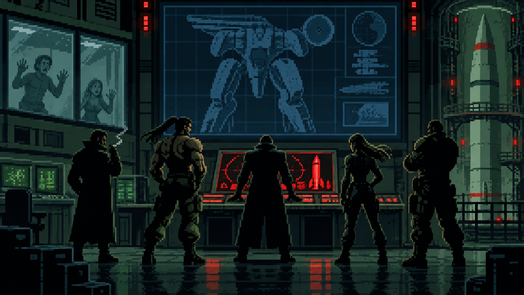 Unidade rebelde em sala de comando nuclear com reféns e mecha em monitor em pixel art retrô