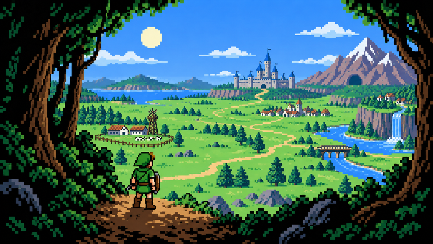 Herói saindo da floresta e vendo um grande campo com castelo, rio e montanha em pixel art retrô