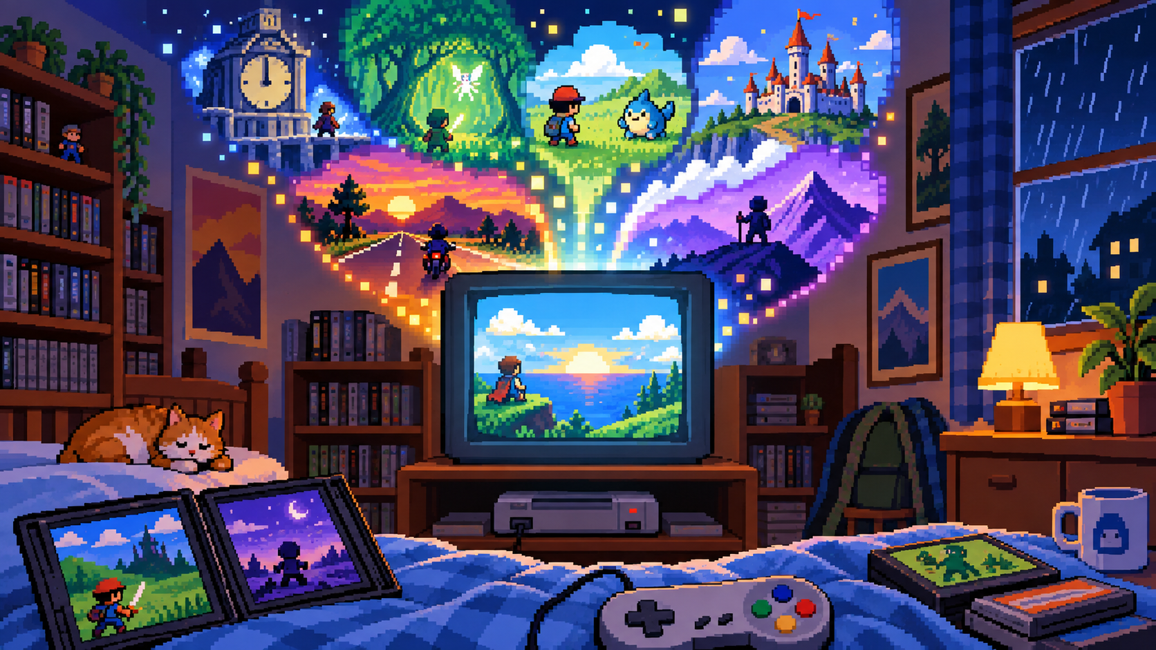 Quarto nostálgico com CRT, videogame antigo e memórias de jogos saindo da tela em pixel art retrô