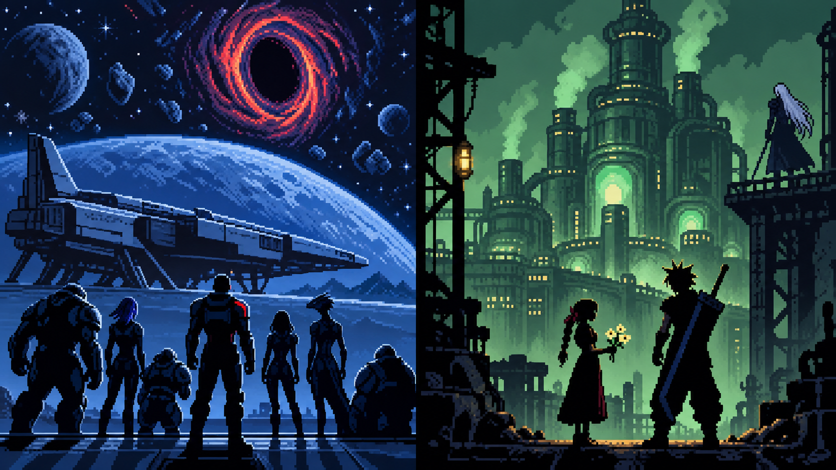 Esquadrão espacial diante de nave e cidade industrial de fantasia com espadachim em pixel art retrô