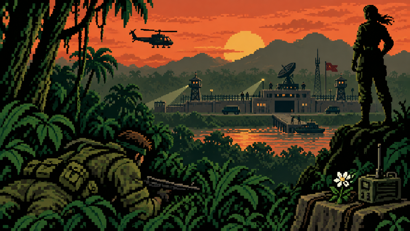 Soldado furtivo em selva ao pôr do sol diante de base militar e figura mentora em pixel art retrô
