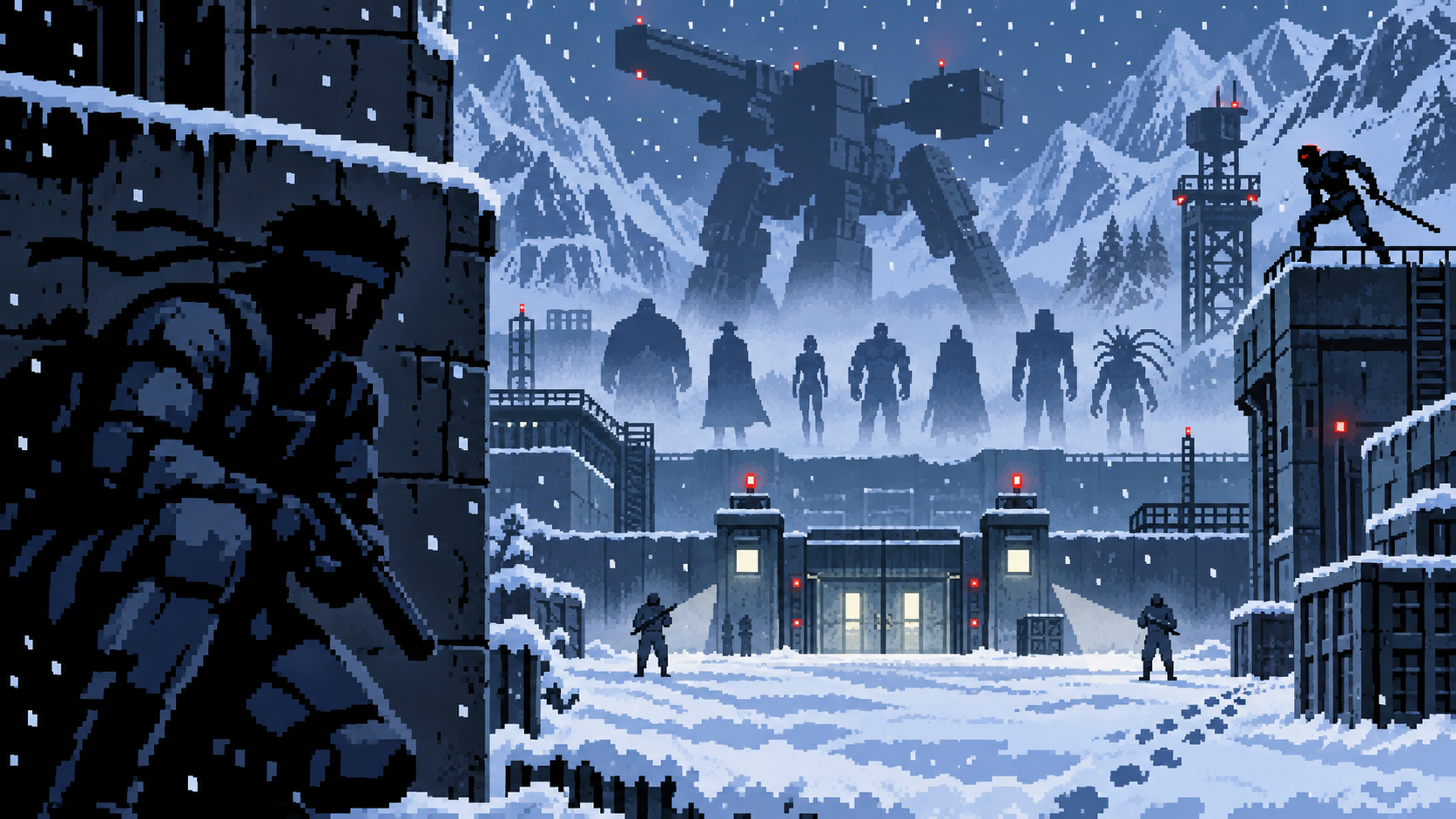 Soldado infiltrado em base nevada com mecha nuclear e ninja ciborgue ao fundo em pixel art retrô