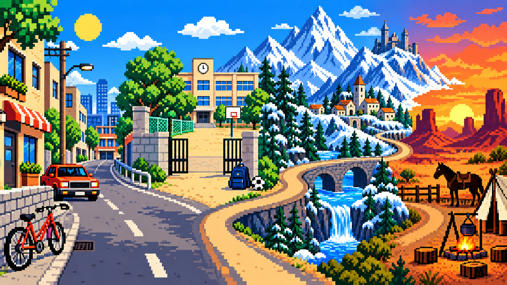 Rua ensolarada, escola, montanhas nevadas e acampamento western conectados por estrada em pixel art retrô