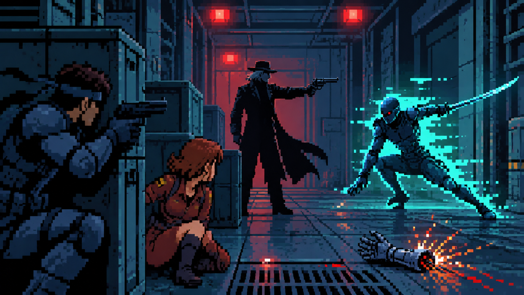Corredor militar com soldado furtivo, jovem recruta, pistoleiro e ninja ciborgue em pixel art retrô