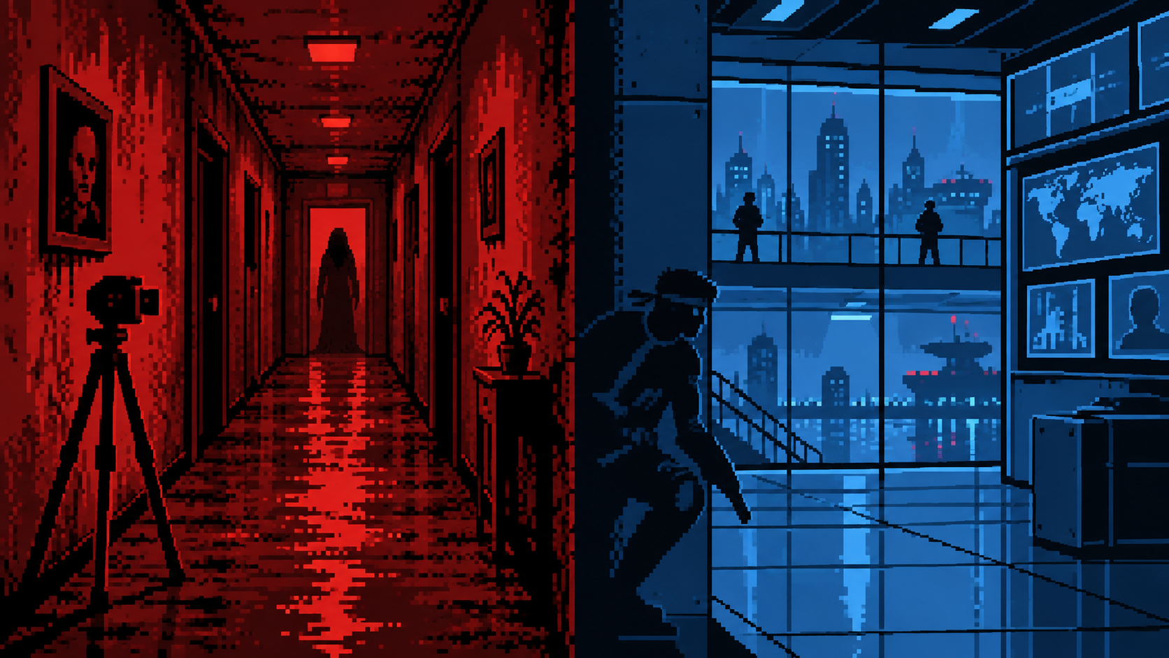 Cena dividida entre corredor de terror vermelho e instalação de espionagem azul em pixel art retrô