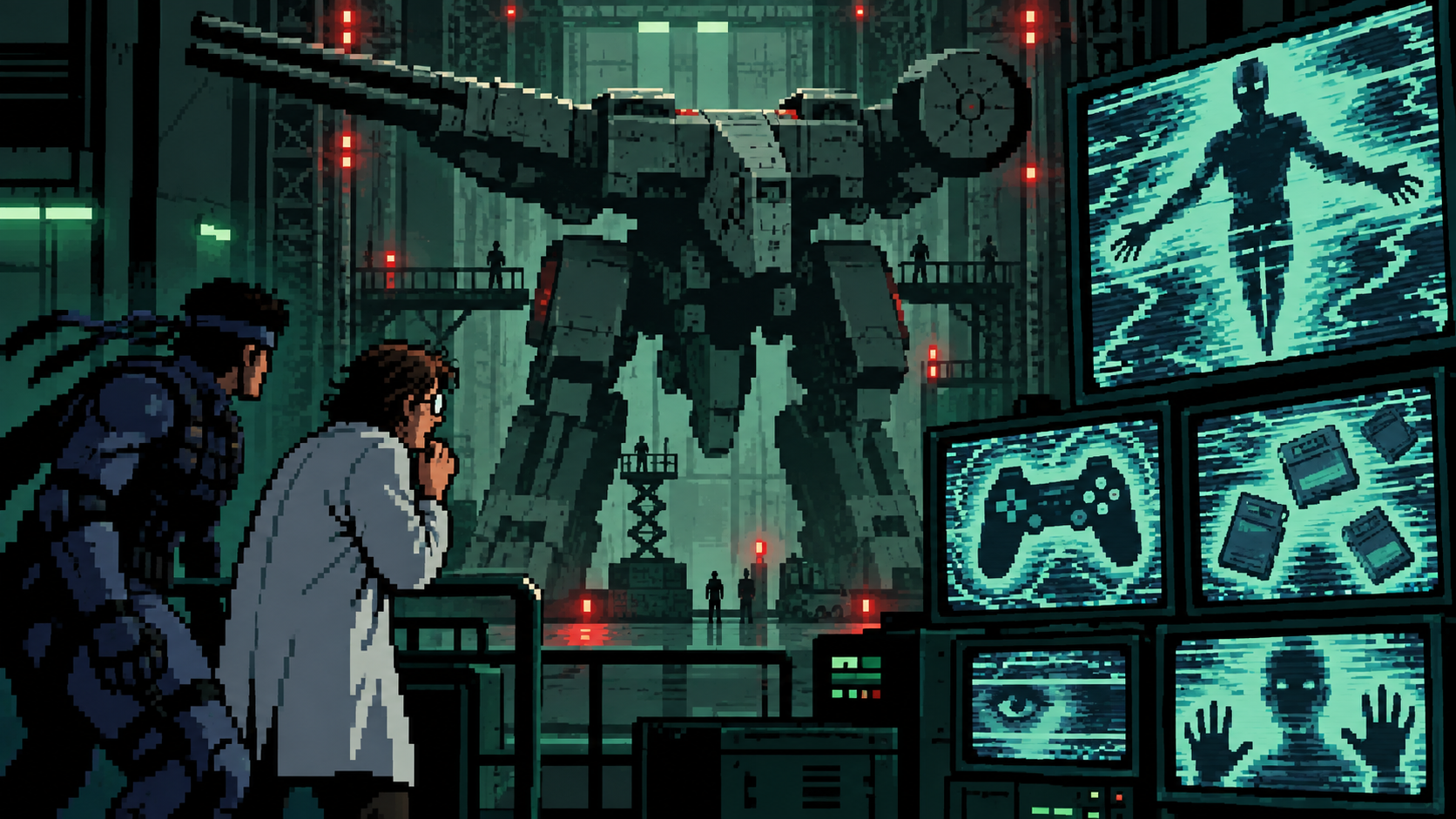 Cientista e soldado diante de mecha nuclear e telas psíquicas em pixel art retrô
