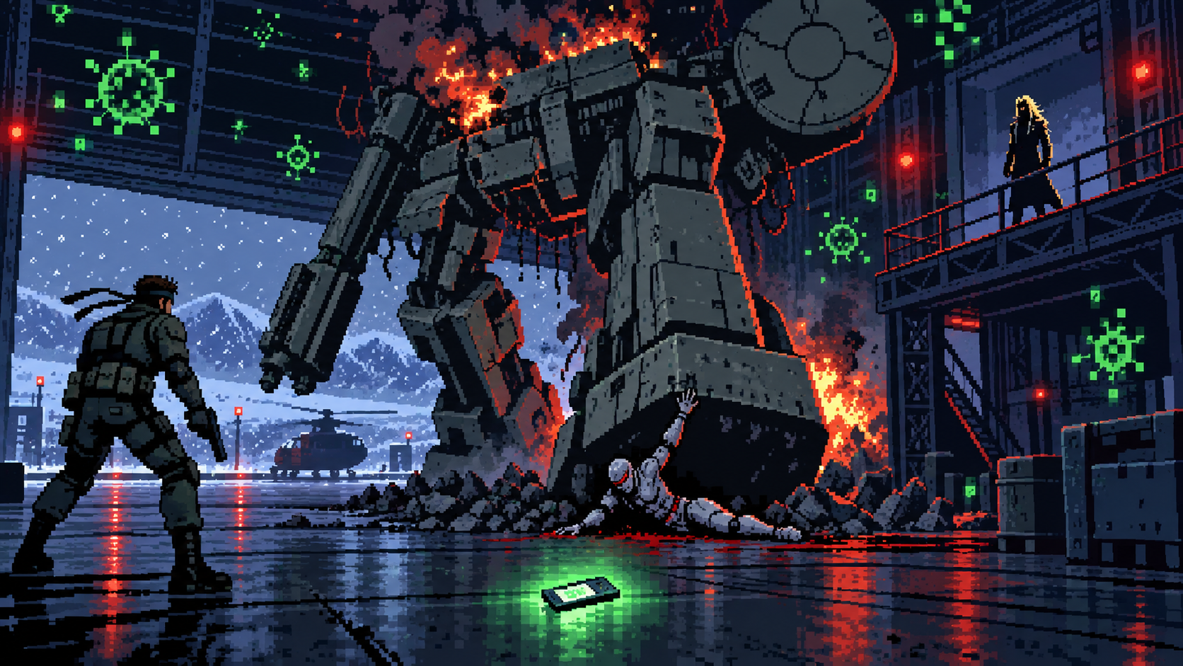 Hangar final com mecha destruído, rival loiro, ninja sacrificado e cartão brilhante em pixel art retrô