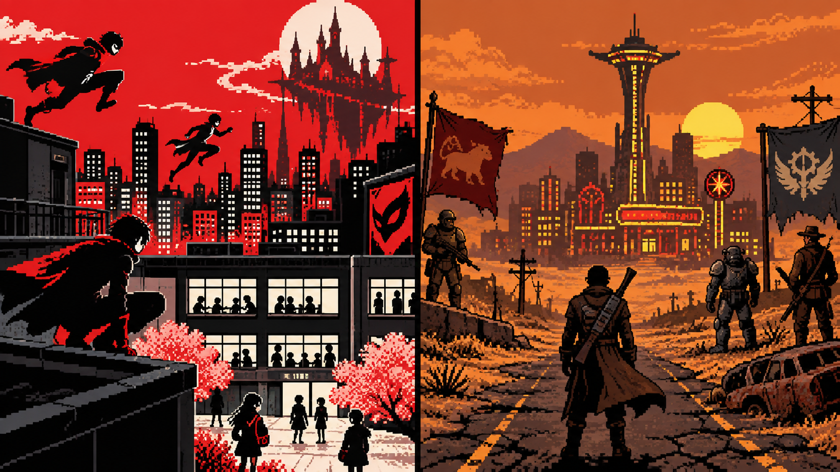 Cidade vermelha de ladrões mascarados e deserto pós-apocalíptico de facções em pixel art retrô