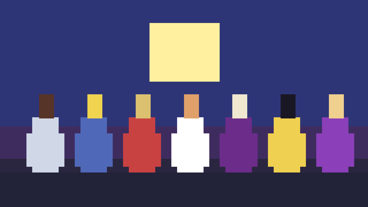 Elenco de fantasia reunido sob céu noturno simbolizando dores humanas em pixel art retrô