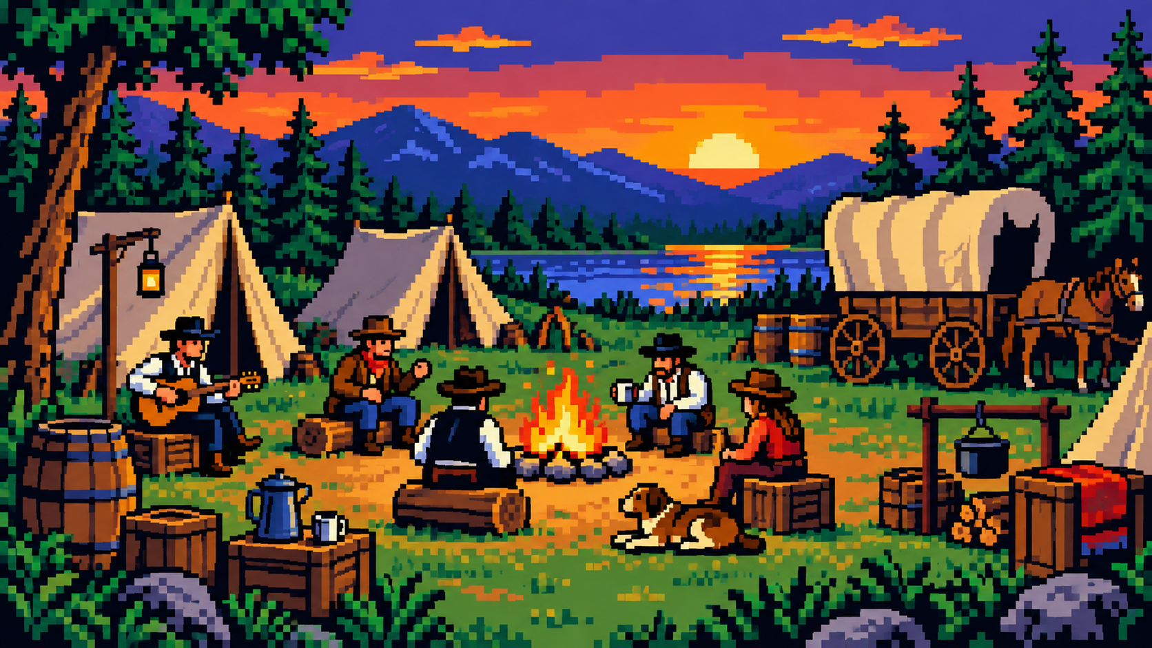 Acampamento de faroeste com fogueira, barracas, música e personagens em pixel art retrô