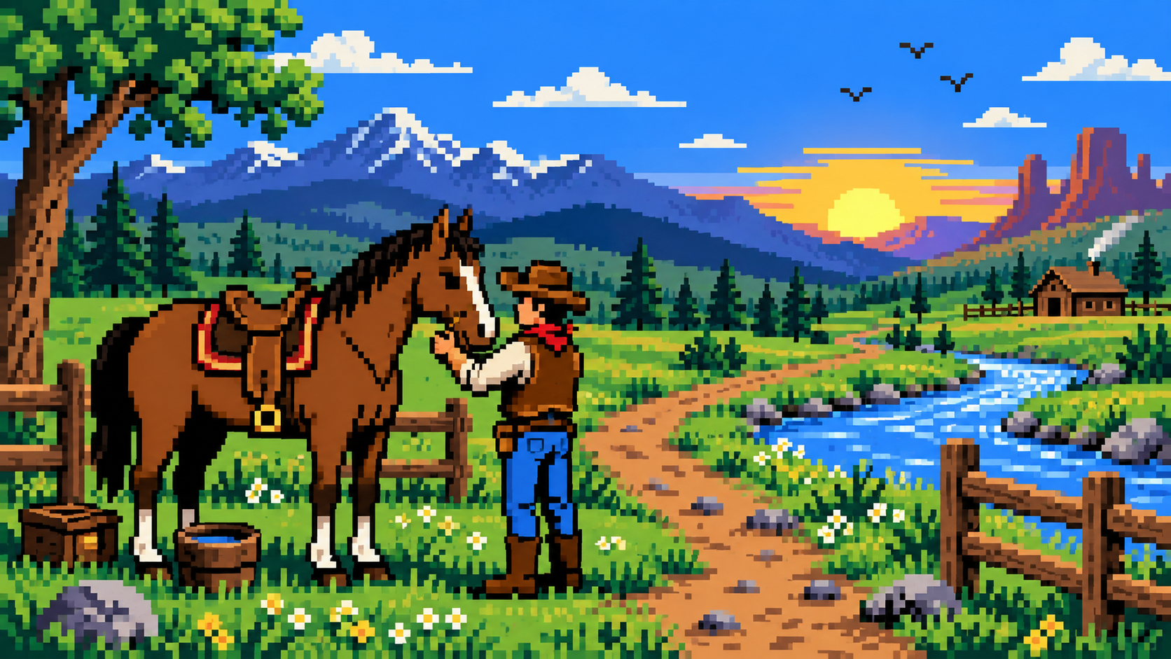 Cowboy cuida do cavalo ao lado de trilha e rio em pixel art retrô