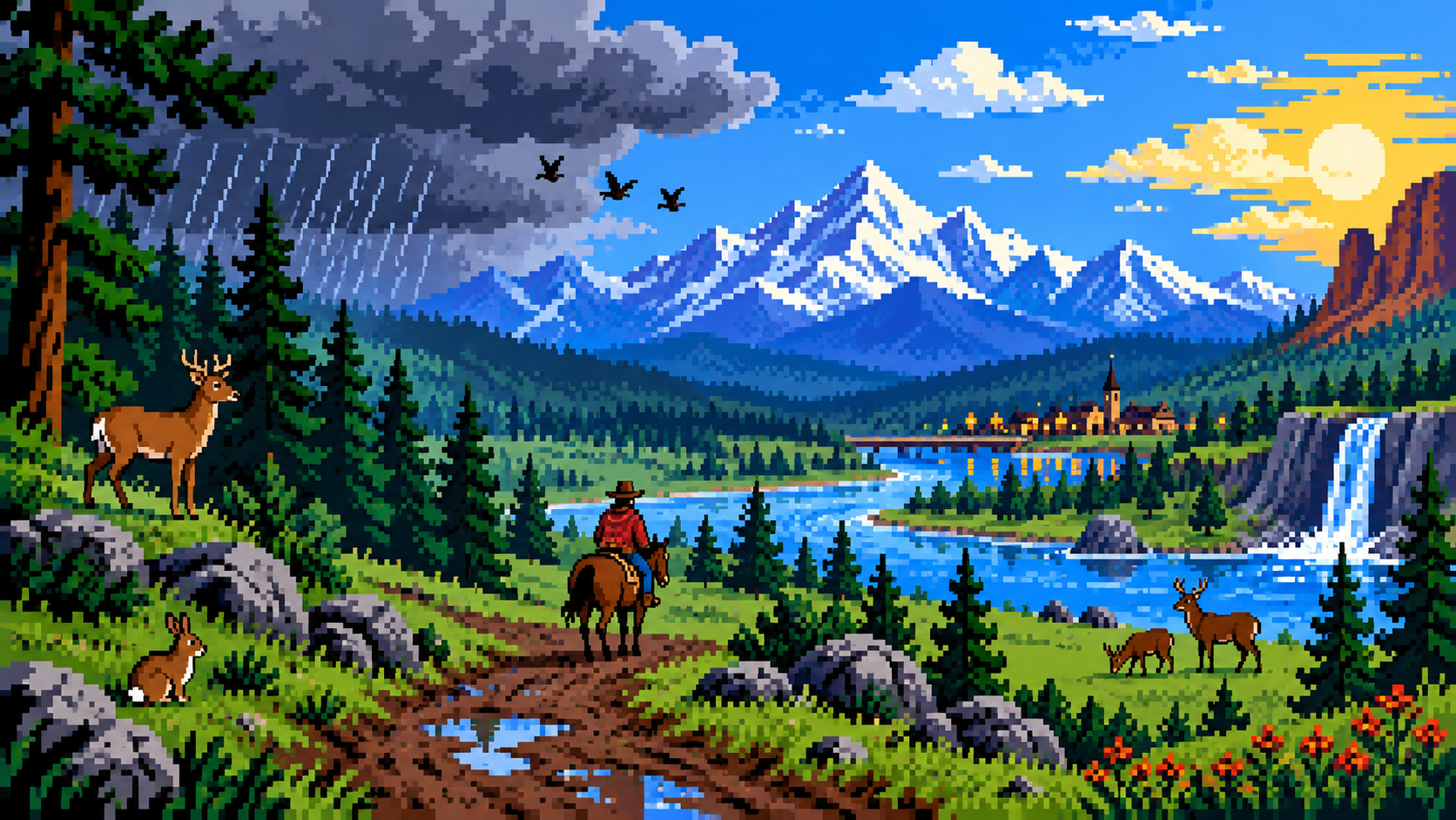 Cowboy cavalga por paisagem viva com montanhas, rio, chuva, sol e animais em pixel art retrô