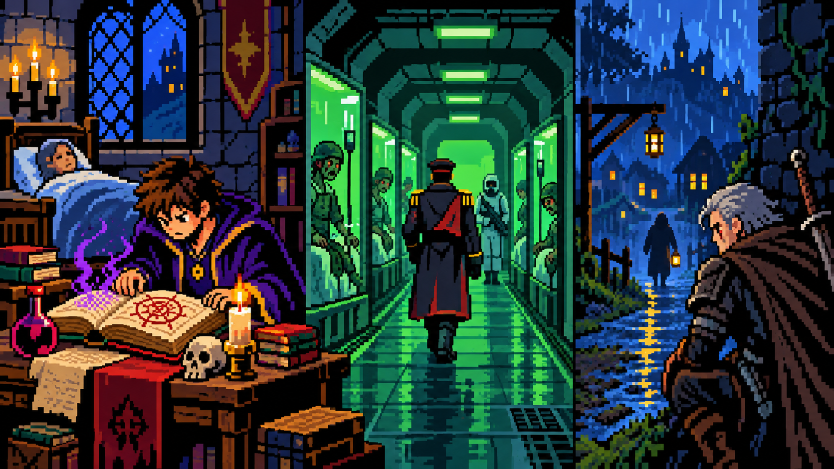 Mago desesperado, corredor de soldados infectados e guerreiro sombrio representam escolhas pesadas em pixel art retrô