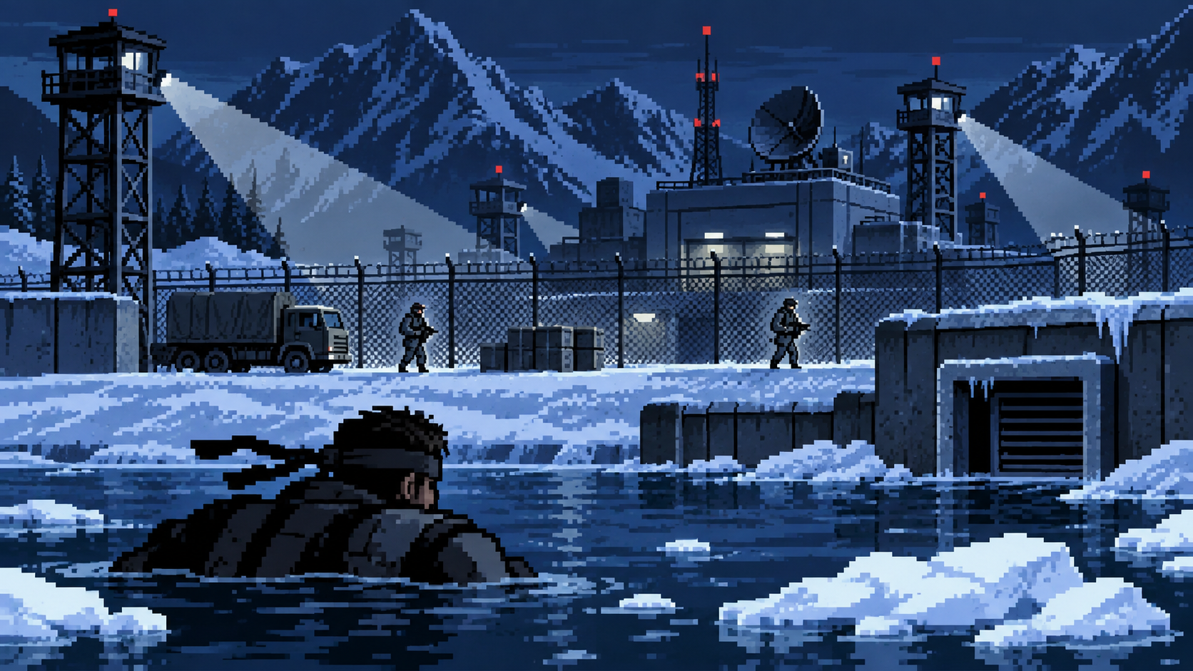 Soldado emergindo da água gelada diante de base militar nevada em pixel art retrô