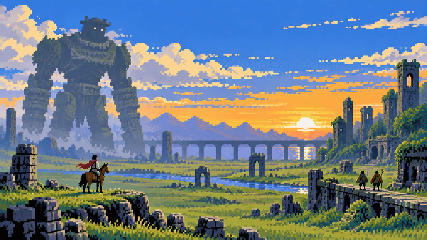 Cavaleiro diante de colosso em ruínas e viajantes em cidade tomada pela natureza em pixel art retrô