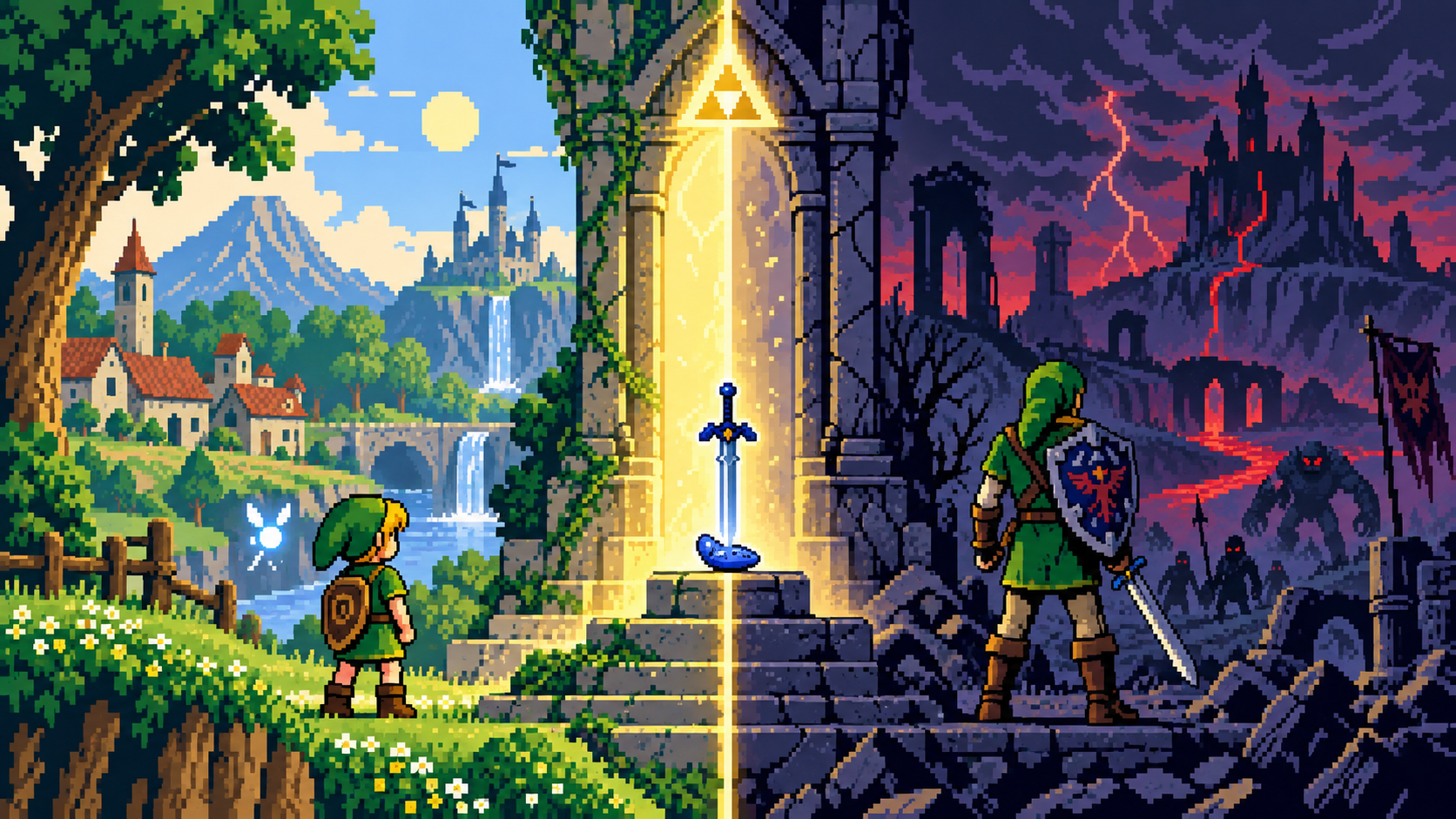 Cena dividida entre infância luminosa e mundo adulto destruído com espada e ocarina no centro em pixel art retrô