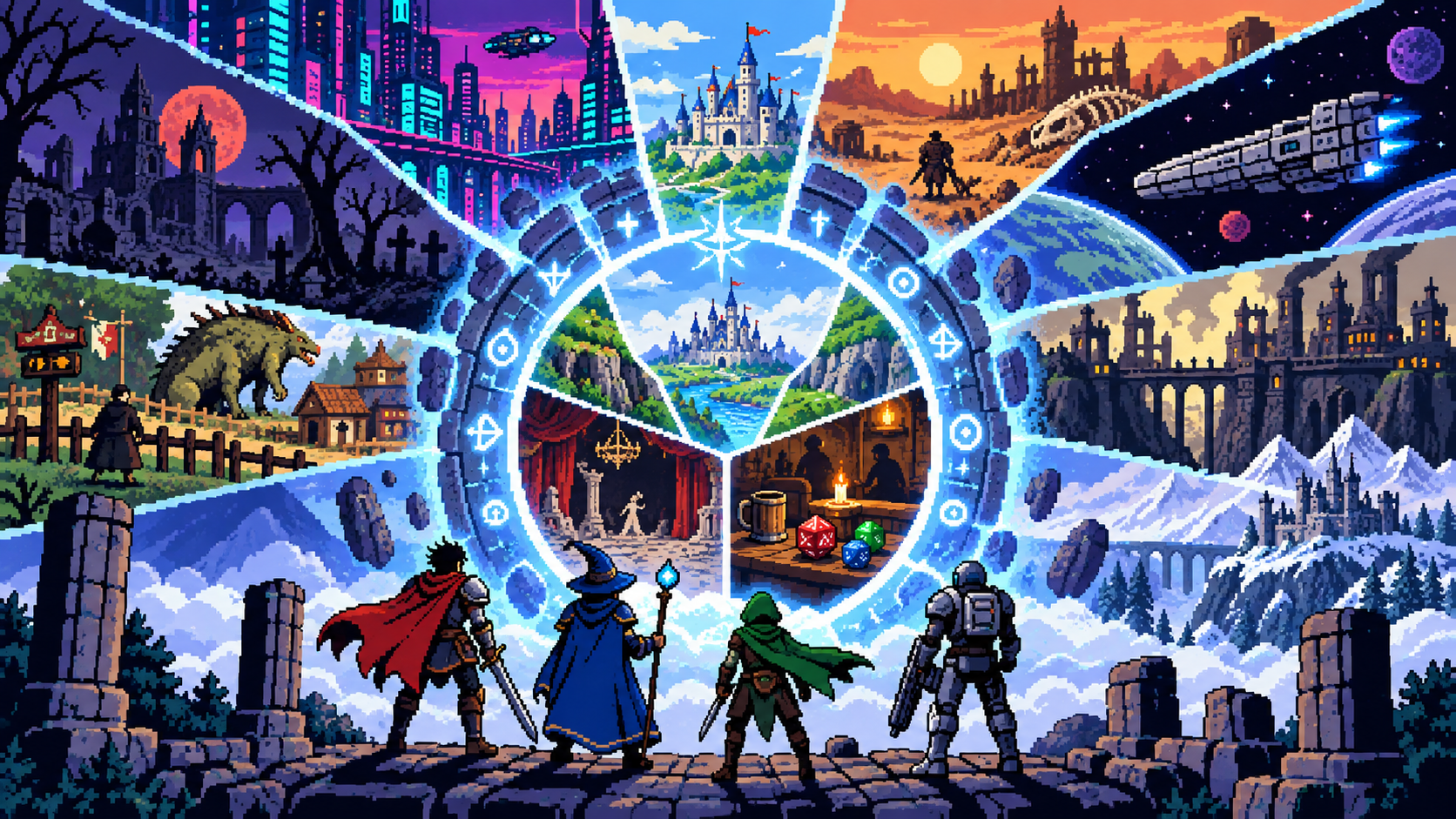 Grupo de aventureiros diante de portal com vários mundos de RPG em pixel art retrô