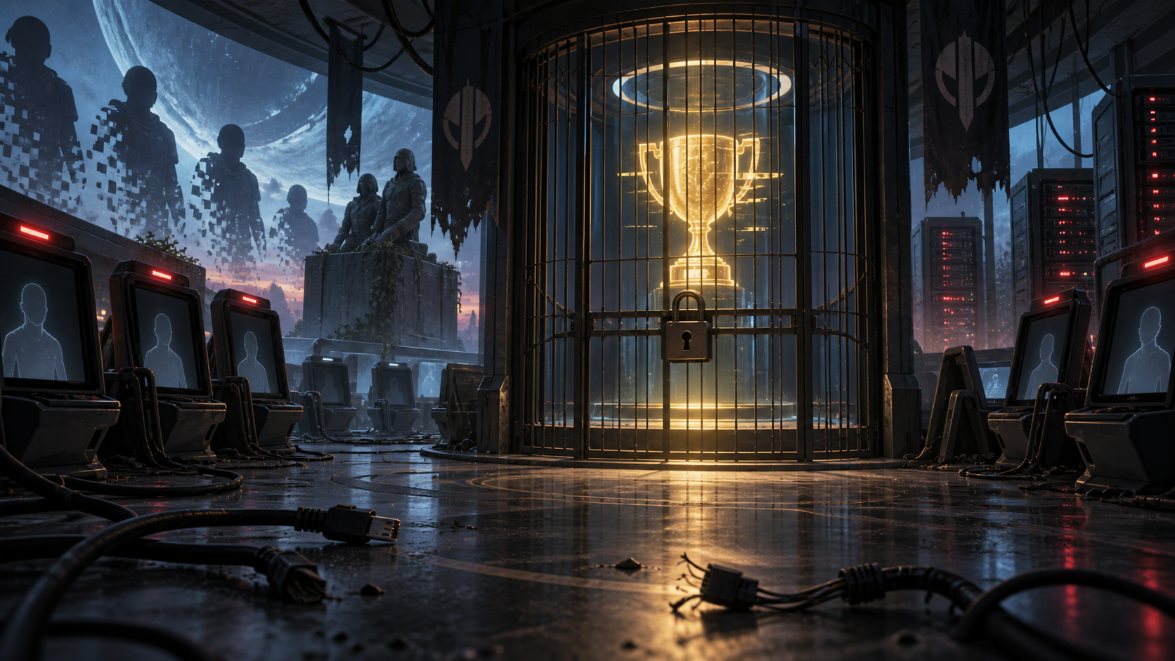 Troféu holográfico preso atrás de grade em lobby online abandonado