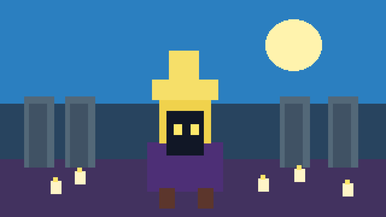 Pequeno mago de chapéu amarelo em ruínas noturnas pensando sobre existência em pixel art retrô