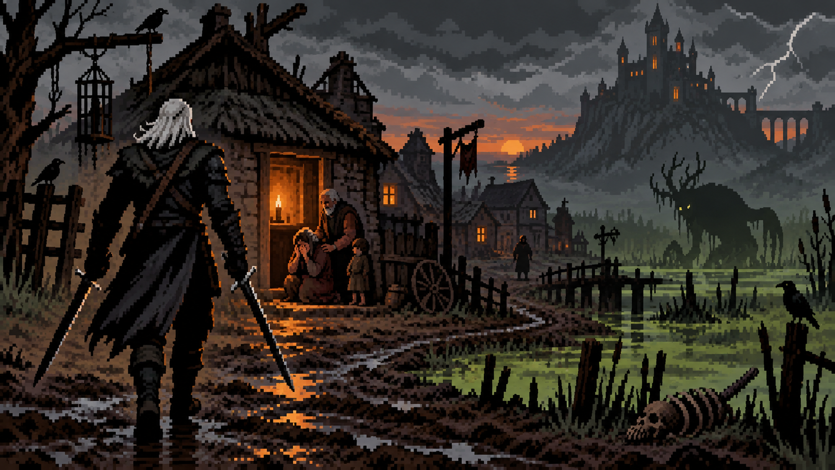 Caçador de monstros em vila sombria com família triste e criatura no pântano em pixel art retrô