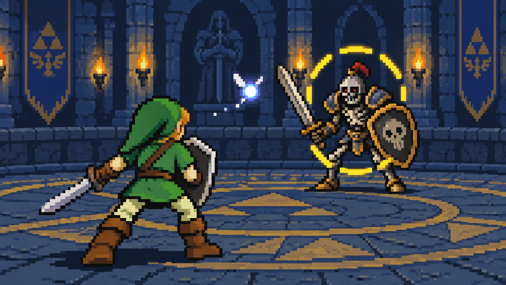 Herói enfrentando cavaleiro esqueleto com anel de mira em arena de templo em pixel art retrô