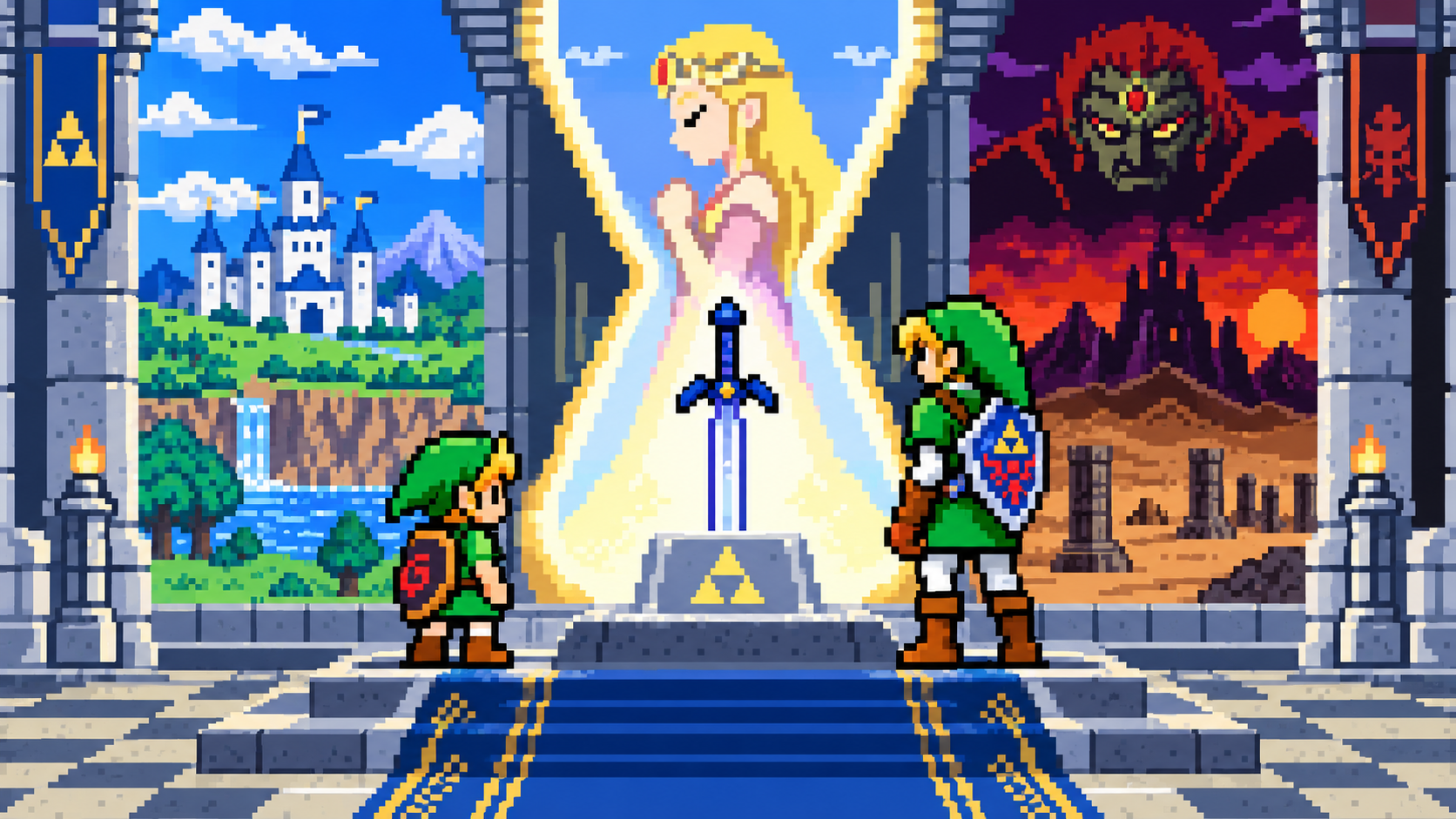 Link criança e Link adulto divididos pelo tempo com Zelda, Ganondorf e a Master Sword em pixel art retrô