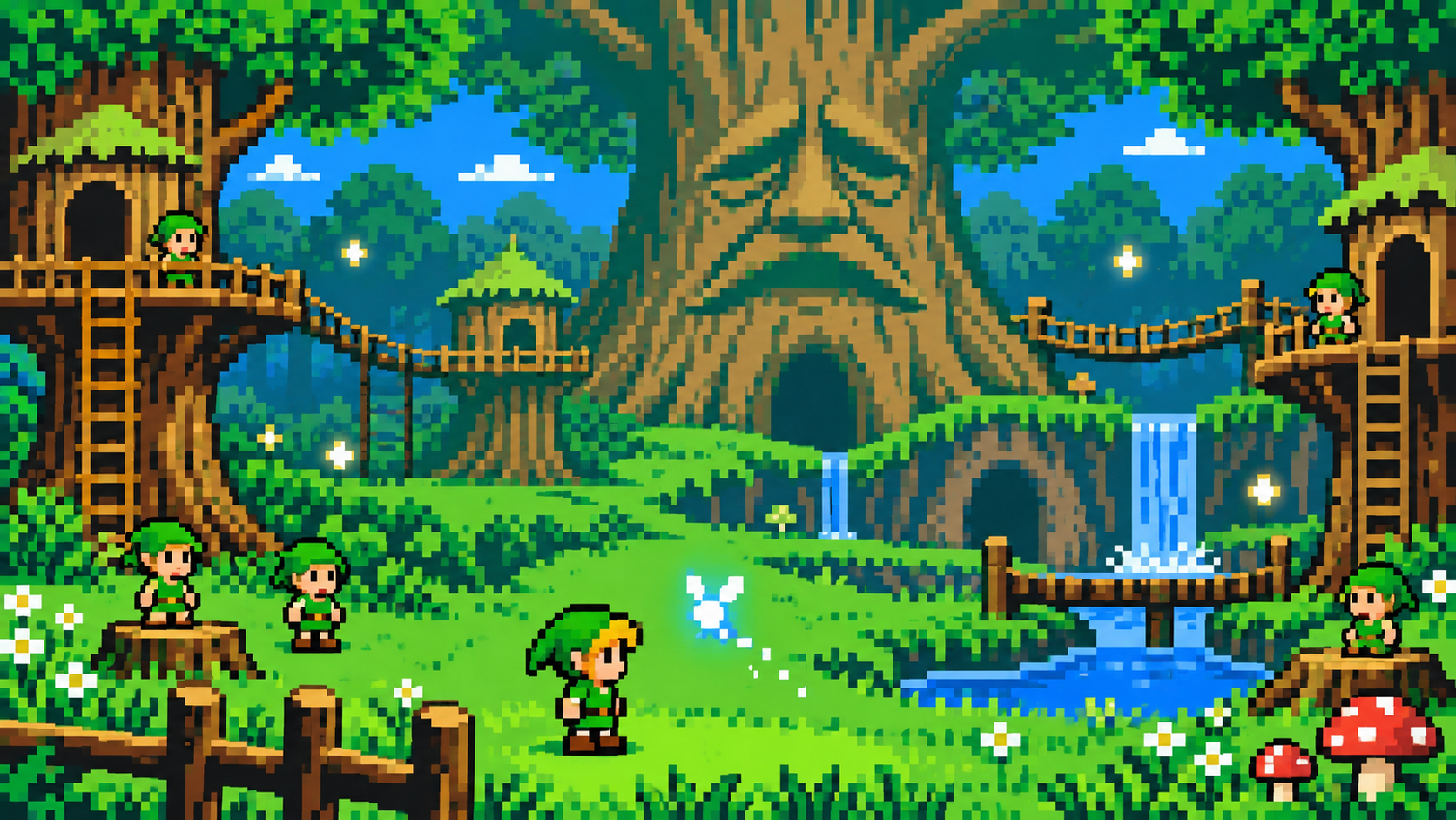 Link criança na Floresta Kokiri diante de Navi e da Grande Árvore Deku em pixel art retrô