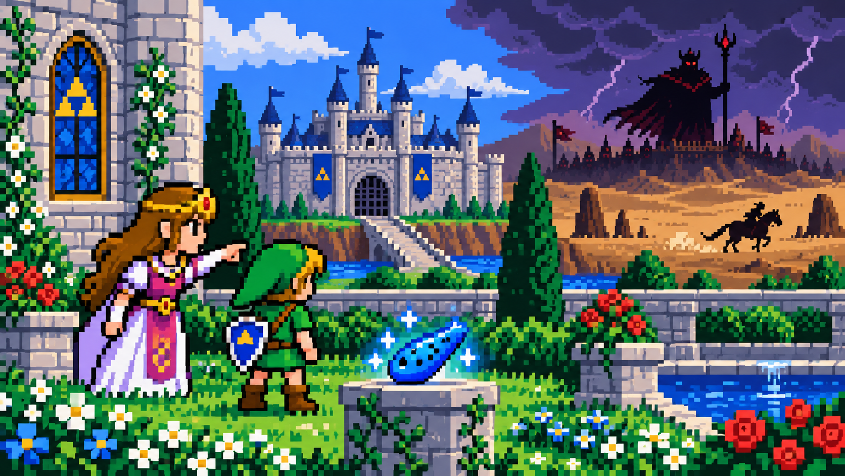 Zelda mostra a ameaça de Ganondorf a Link enquanto a Ocarina of Time brilha no jardim do castelo em pixel art retrô