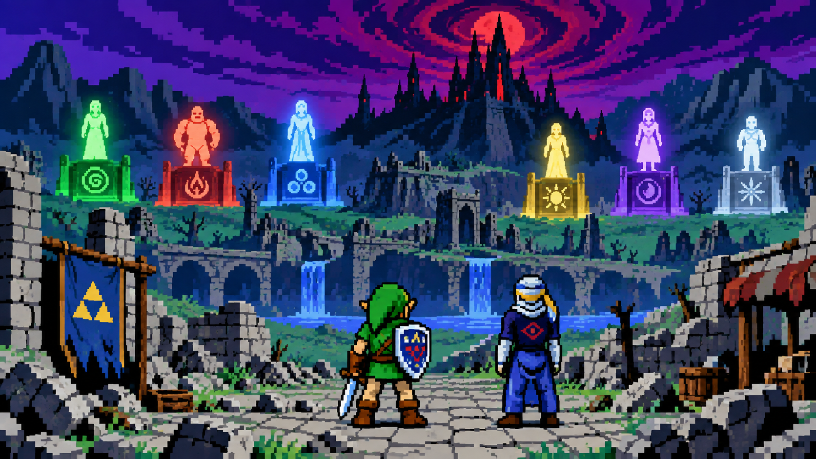 Link adulto e Sheik observam Hyrule destruída com os sábios brilhando ao fundo em pixel art retrô