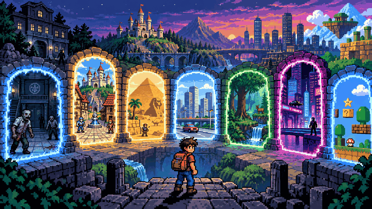Jogador diante de portais para mundos virtuais em pixel art