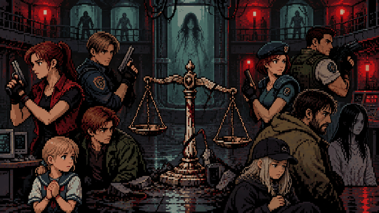 Personagens de Resident Evil diante de uma escala de sofrimento em pixel art