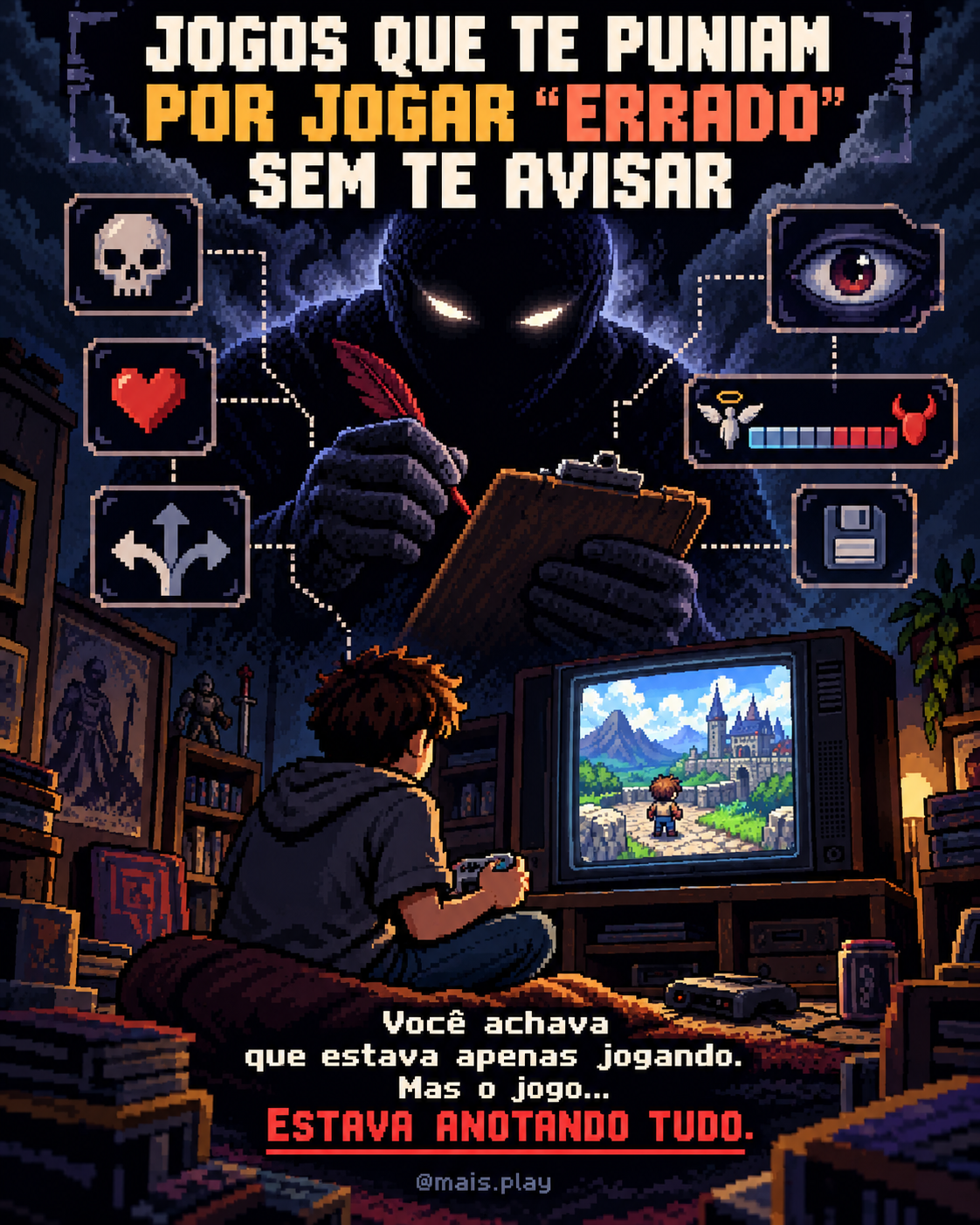 Jogador diante da televisão observado por uma entidade sombria