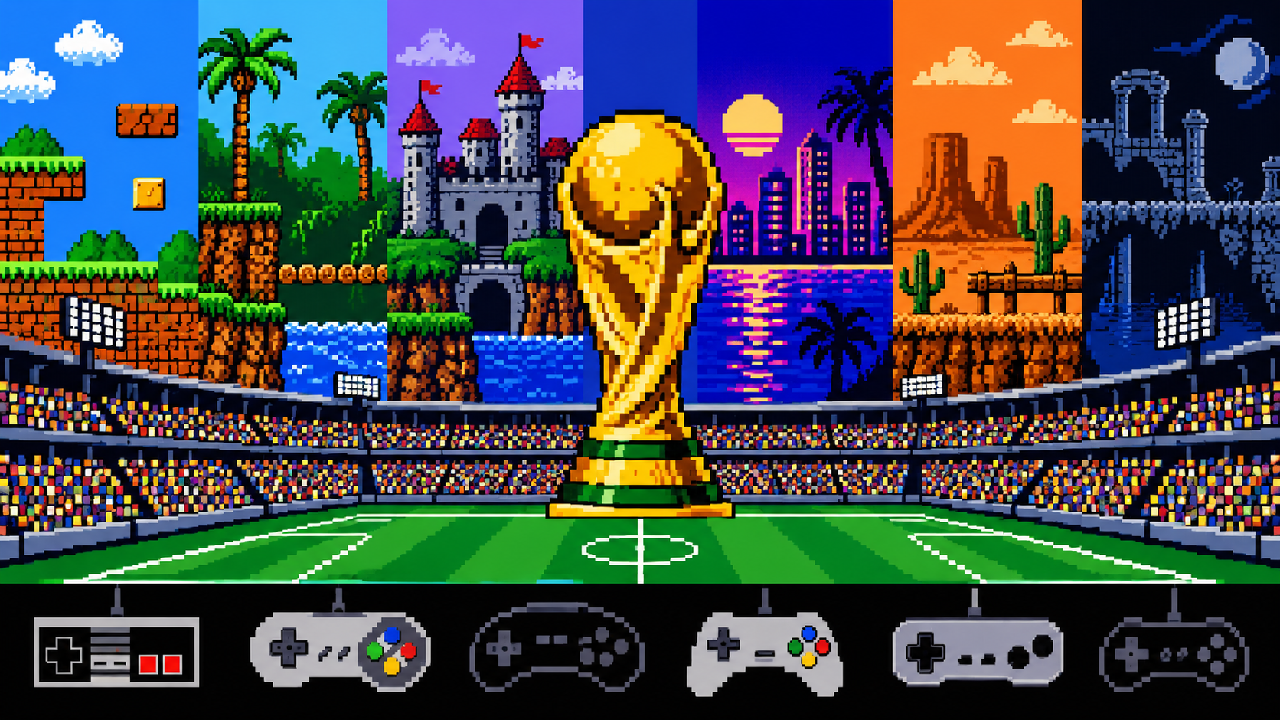 Taça de futebol cercada por diferentes eras dos videogames