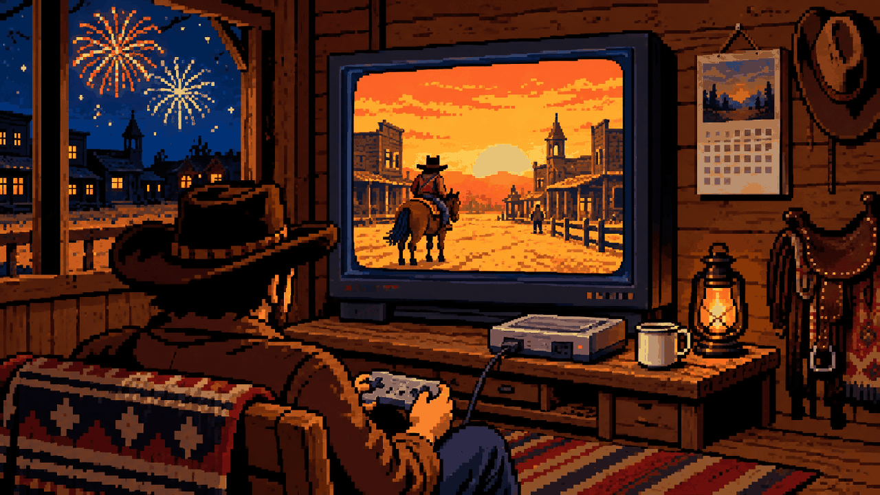 Mundo de faroeste em uma sala com televisão e controle em pixel art