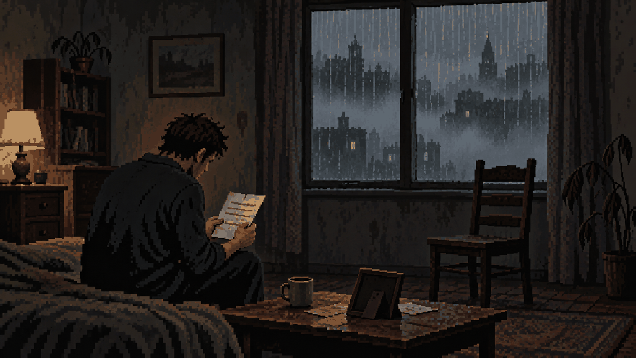 Carta misteriosa de Mary em cenário enevoado de Silent Hill 2 em pixel art